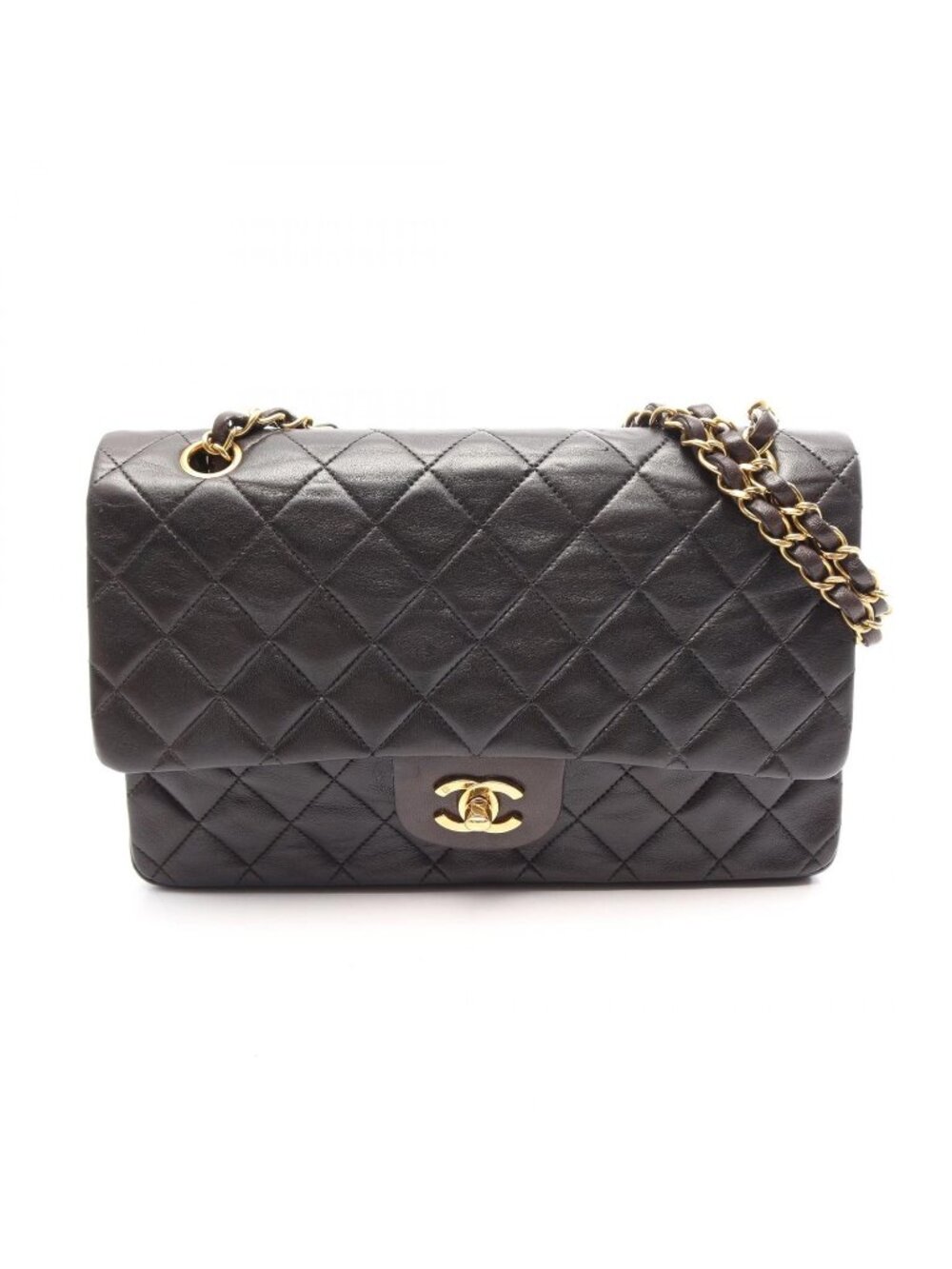 Chanel Shoulder Bag Quilted Double Flap Black Lambskin Chain